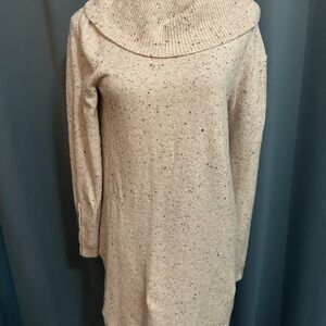 LOFT Sweater Dress Medium Oatmeal Speckled Cowl Neck Long Sleeve Knit